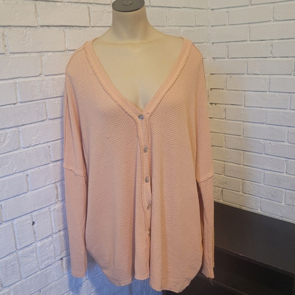 Cozy Peach Button-Front Waffle Knit Thermal Top by La Miel